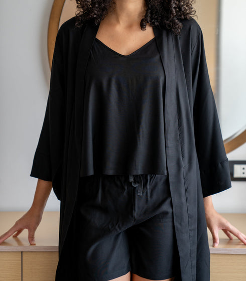 Women summer 3 piece pajama set  Black Top +kimono & short